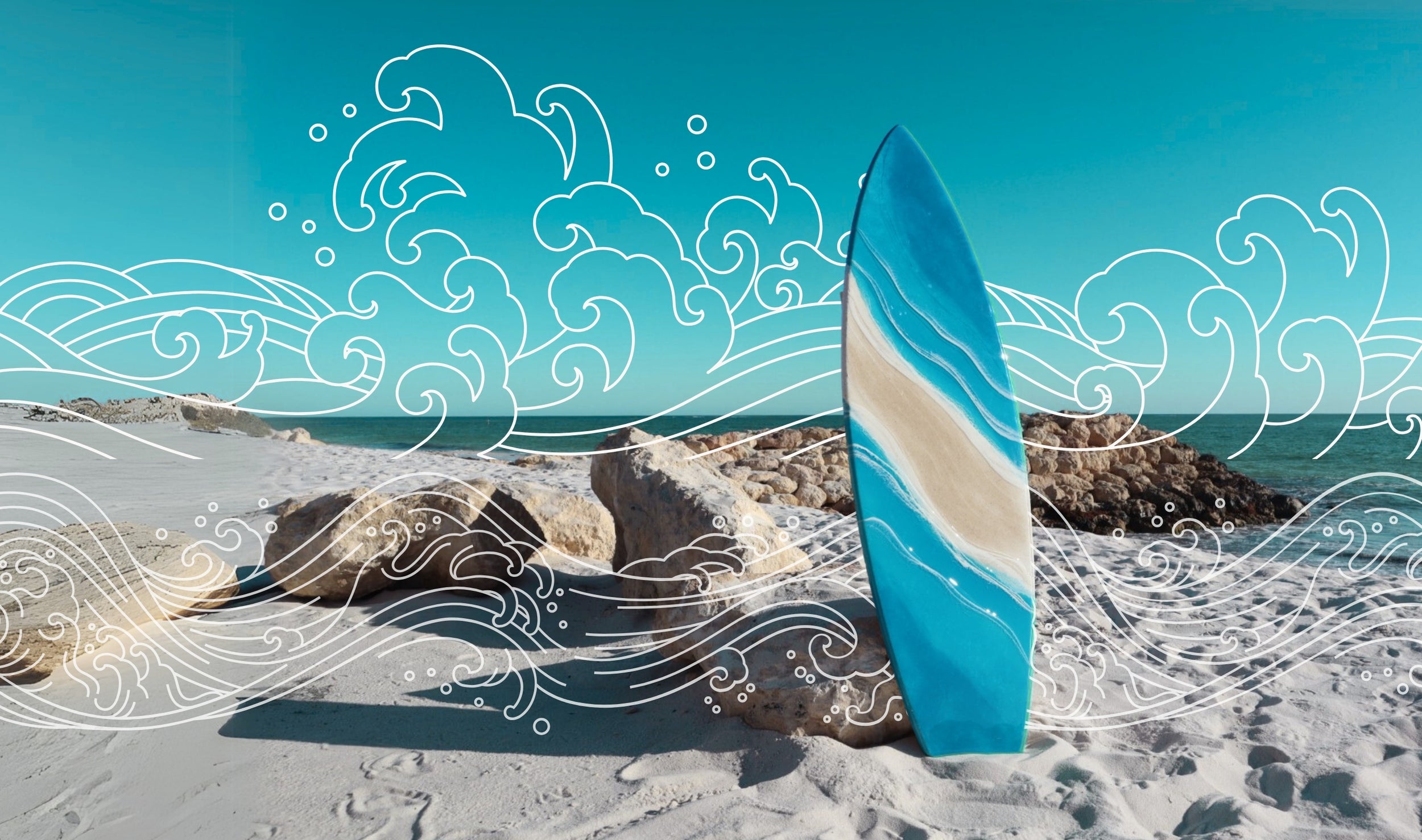 Ocean Inspired Beach Resin Artwork on Surfboard in Perth